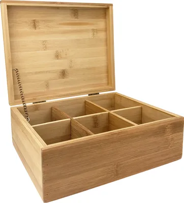 Produktbild von Bambus Teebox - 6 Fächer, 22 x 18 x 9 cm (LxBxH), Scharniere aus Metall