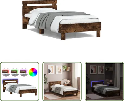 Produktbild von The Living Store Bettgestell mit Kopfteil & LED-Leuchten Räuchereiche 100x200 cm