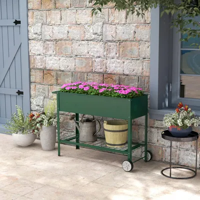 Produktbild von Hochbeet Pflanzbeet Pflanzkasten, 1 Ablage, 2 Rollen, Metall, Kunststoff, 109 x 44 x 80 cm, belastbar bis 50 kg, für Garten und Terrasse