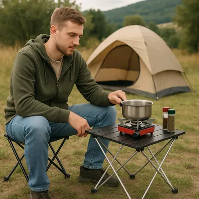Obrázok produktu pre Skladací hliníkový kempingový stôl - ľahký, prenosný