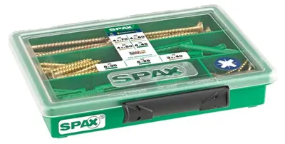 Produktbild von SPAX Sortiment klein, Schrauben-Set mit 4 Abmessungen + Dübel, 130 Stück, Senkkopf, Kreuzschlitz Z, YELLOX