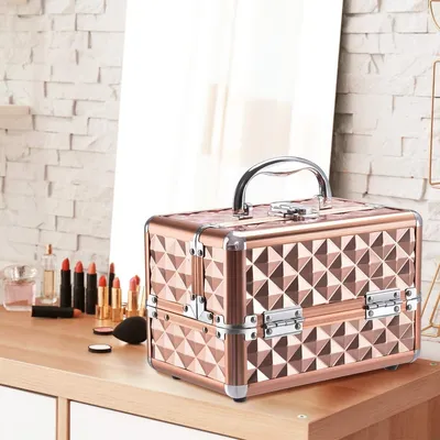 Obrázek produktu pro Kosmetický kufřík se zrcadlem, kosmetický kufřík na make-up, kufřík na make-up z ABS a hliníku, 2 výsuvné police, rozkládací a přenosný kufřík s policemi, kadeřnický kufřík, multi kufřík (růžově zlatý)