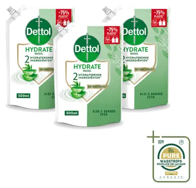Imagen del producto de 3 unidades de recambio de jabón líquido para manos Dettol, hidratante, con aloe vera y bambú, 500 ml, pack ahorro