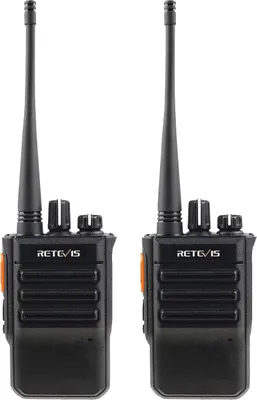 Two black walkie-talkies with orange accents are shown against a white background.