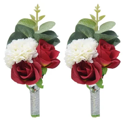 2er-Set Hochzeitsboutonniere aus Kunstseide, rot