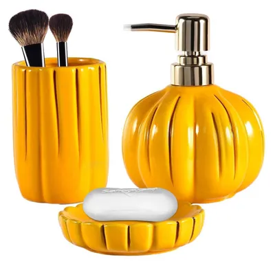 Immagine prodotto di Set da bagno in Vetroceramica, 3 pezzi, decorazione a zucca, colore giallo: porta spazzolini, dispenser di sapone, saponiera