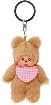 Obrázok produktu pre Monchhichi, plyšový prívesok s motívom medvedíka Bearchhichi, hnedý medvedík s vestou – kovový krúžok na pripevnenie na tašku, kľúče alebo peračník