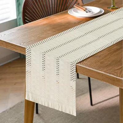 Produktbild von Tischläufer Boho Makramee Landhaus Rustikal Baumwoll Leinen Beige 30x140 cm