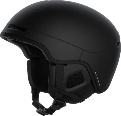 A black ski helmet shown from a side angle on a white background.