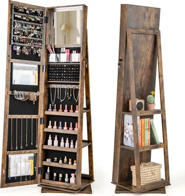 Obrázok produktu pre COSTWAY 360° otočná skrinka na šperky, organizér na šperky so zrkadlom po celej dĺžke, zadné police, zrkadlo na make-up, 3 akrylové boxy a 2 vrecká na zips