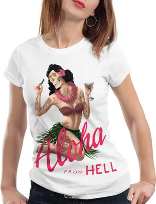 Produktbild von style3 Aloha from Hell Damen T-Shirt tattoo hawaii surfer usa, Farbe:Weiß, Größe:L