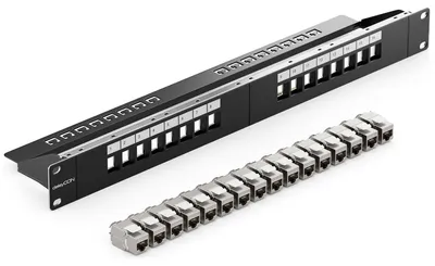 Imagen del producto de deleyCON, juego de paneles de conexión CAT7 de 16 puertos, montaje en rack de 19 pulgadas, 1U, 10 Gbit/s -  –  (RAL 9005,  intenso)