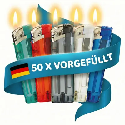 Produktbild von TOM Elektronik Feuerzeuge | Display | 50 Stück | Nachfüllbar | 5 Farben | Soft Flame | Elektronisch