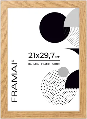Obrázok produktu pre FRAMAI® obrazový rám 21x29,7 cm dubovej farby, MDF rám šetrný k životnému prostrediu s nerozbitným plexisklom, vešiakom a stojanom