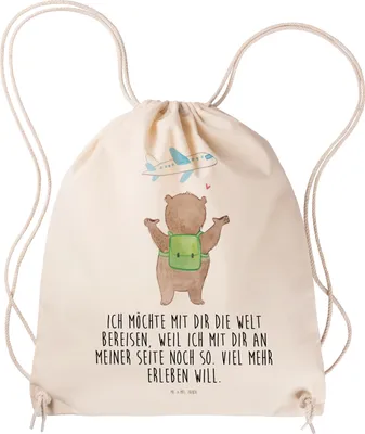 Produktbild von Mr. & Mrs. Panda Sportbeutel Bär Flugzeug - Transparent - Geschenk, wander rucksack, Valentinstag, sporttasche klein, gym, Beutel, Stoffbeutel, Hochzeitstag, für Frauen
