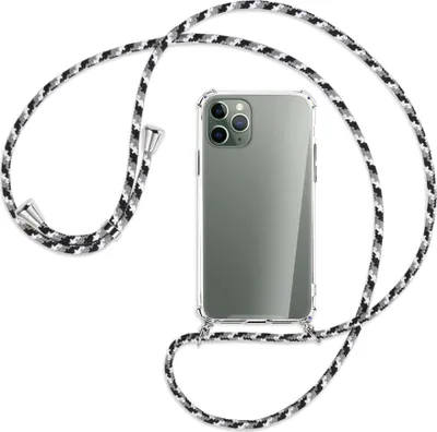 Produktbild von Handykette Backcover-Schutzhülle mit Band (Metall silberfarben) für Apple iPhone 11 Pro - schwarz/grau/weiß