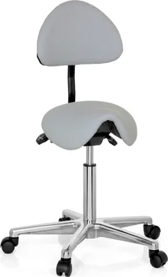 A gray saddle stool with a backrest on a white background.