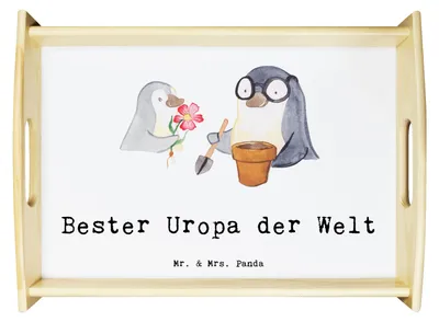 Produktbild von Mr. & Mrs. Panda Servier Tablett Pinguin Bester Uropa der Welt - Weiß - Geschenk, Geschenkidee, Mitbringsel, betttablett, Holztablett, Serviertablett, Dekotablett, Sofa