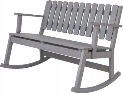 A grey wooden rocking bench is shown isolated on a white background.
