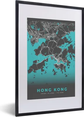 Produktbild von MuchoWow® Gerahmtes Poster Hongkong - Stadtplan - Karte - Blau 40x60 cm - Poster mit Schwarzem Bilderrahmen Wandposter Rahmen Foto Bilder - Poster in Rahmen