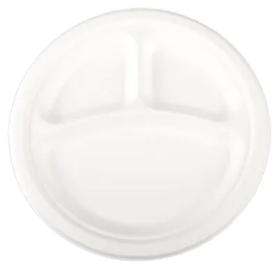 Produktbild von 50x Teller 3-geteilt aus Bagasse, naturweiß, rund Ø26cm, 50Stk.