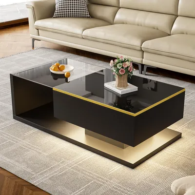 Zdjęcie produktu dla Stolik kawowy Merax 100x50x32,5 cm, stolik boczny LED ze szklanym blatem, stolik do salonu z miejscem do przechowywania i oświetleniem Bluetooth, czarny wysoki połysk