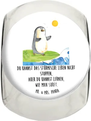 Produktbild von Mr. & Mrs. Panda keksdose glas Pinguin Surfer XL 2000ml - Weiß - Geschenk, schraubglas, Urlaub, Portugal, Bonboniere, Kaffeedose, Bonbonglas, Motiviert, Vorratsdose