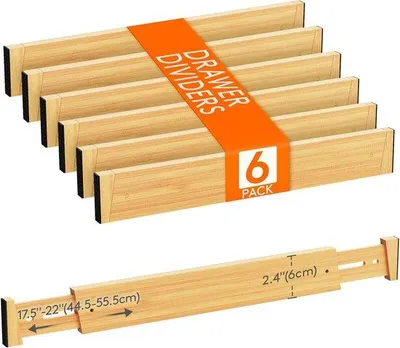 Produktbild von Famanu Set von 6 Bambus verstellbaren Schubladeneinteilern – 6 cm hoch, 42–56 cm – Schubladenorganizer