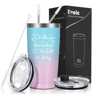 Productafbeelding van Thermobeker voor onderweg, 600 ml, blauw-roze kleurverloop, afscheidscadeau voor collega