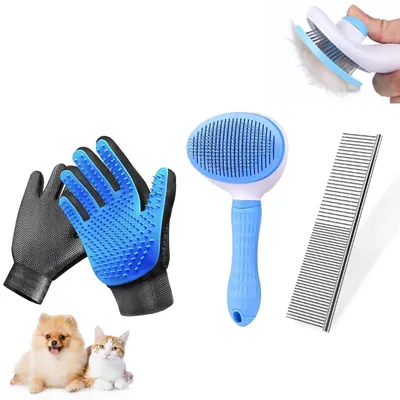Immagine prodotto di Kit per la cura degli animali domestici composto da 4 elementi: spazzola, guanto per il bagno, pettine in metallo, colore verde