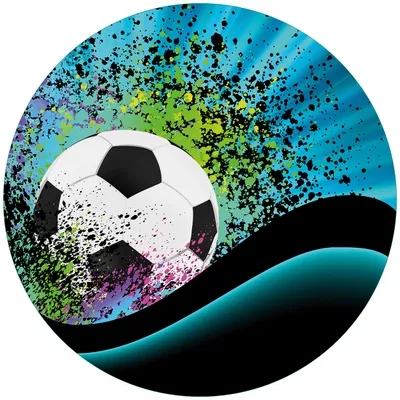 Produktbild von Wallario Premium Glasbild, freischwebende Optik, kräftige Farben, rund 50cm Durchmesser, Motiv Fußball - Design Wellen und Regenbogen in blau