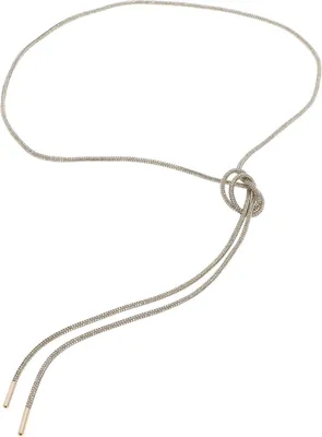 A silver necklace with a knot in the center and two dangling ends.