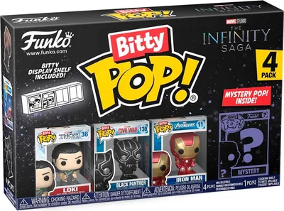 A Funko Bitty Pop! 4-pack featuring Marvel characters Loki, Black Panther, Iron Man, and a mystery pop, with a display shelf included.