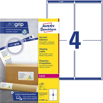 Produktbild von Avery L7169-100, Weiß, Papier, 100 Blätter, 139 mm, 99,1 mm, 400 Stück(e)