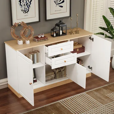 Produktbild von MODFU Sideboard mit Schubladen,Aufbewahrungsschrank Drei Türen,multifunktional Sideboard Kommode mit Stauraum,Weiß
