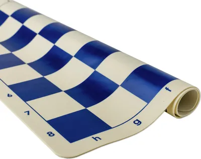 A rolled-up chess board with blue and white squares.