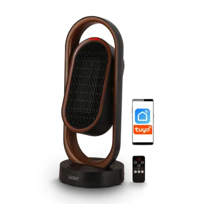 A smart heater with a remote control and a smartphone displaying the Tuya app.