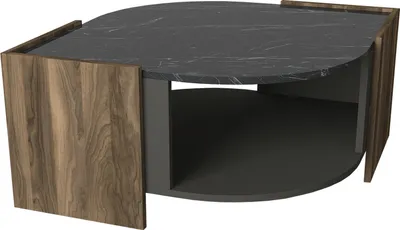 A 3D render of a modern coffee table with a marble-look top and wood-look sides.