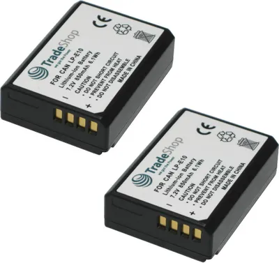Produktbild von 2x Trade-Shop Li-Ion Akku 850mAh Ersatz Batterie ersetzt Canon LP-E10 passend für Canon EOS 1100D 1200D 1300D 2000D 4000D Rebel T3 T5 T6 Kiss X50 X70 X80