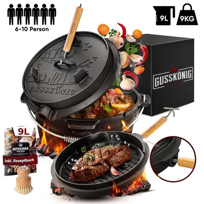 Produktbild von GUSSKÖNIG Dutch Oven Set [9L] mit Füßen - Eingebrannter Feuertopf mit innovativem 2in1 Deckelheber, Bürste und Rezeptbuch [für 4-7 Personen]