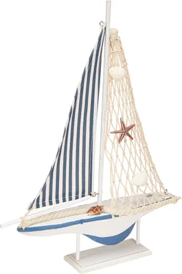 Produktbild von Deko Segelboot Holz Weiß Blau Maritim Deko Muscheln 26,5cm 37cm