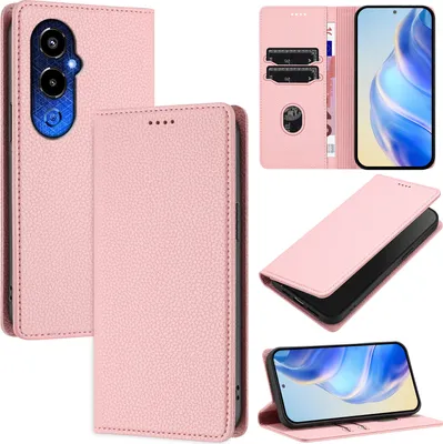 Produktbild von Litchi Leder Handyhülle für Tecno Pova 4 Pro Wallet Kartenfächer Standfunktion Hülle Pink