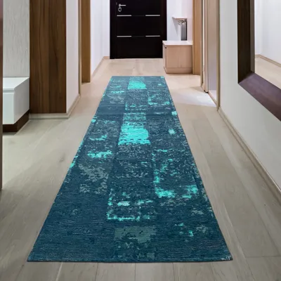 Produktbild von Wohnzimmer Teppich abstraktes Muster in blau weiß grau Größe - 80 x 300 cm