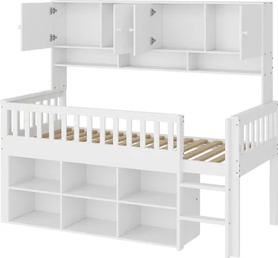 Produktbild von Kinderbett aus Holz 90*200 cm, mit Staufach, mit Schließfächern und Sicherheitsleiter, Einzelbett, Kinderbett, weiß