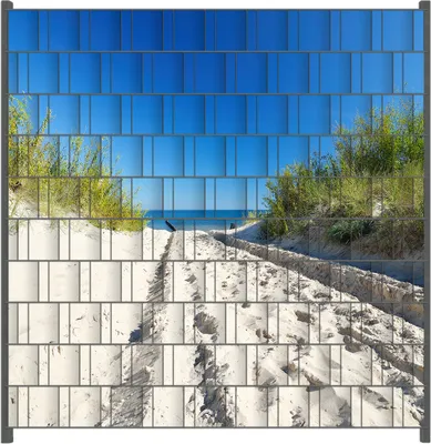 Produktbild von Wallario Zaunsichtschutz mit Motiv Auf dem Sandweg zum Strand - Blauer Himmel über dem Meer für Ein- und Doppelstabmatten Zäune in der Größe 200 x 200 cm