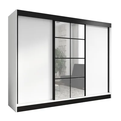 A wardrobe with mirrored doors and a black frame, shown in a studio setting against a white background.