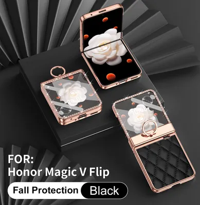 Produktbild von Leder Hülle für Honor Magic V Flip mit Ringhalterung, Luxus Glitzer Bling Überzug Scharnierschutz Handyhülle Schwarz
