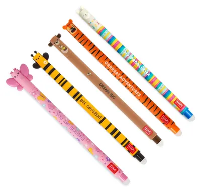 Produktbild von LEGAMI Gelstifte Set 5 Stück | radierbare Thermotinte | 0,7 mm Spitze | verschiedene Motive Schmetterling, Bär, Biene, Tiger, Lama | inkl. Radierfunktion | für Schule & Büro