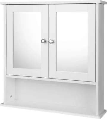 A white bathroom cabinet with two mirrored doors and a shelf below.