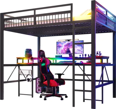 Produktbild von Hochbett mit RGB LED-Streifen, Schreibtisch, Monitorständer, Lattenrost, Rausfallschutz, Steckdosen, USB, Type-C, 140x200cm, Metallbett, Kinderbett